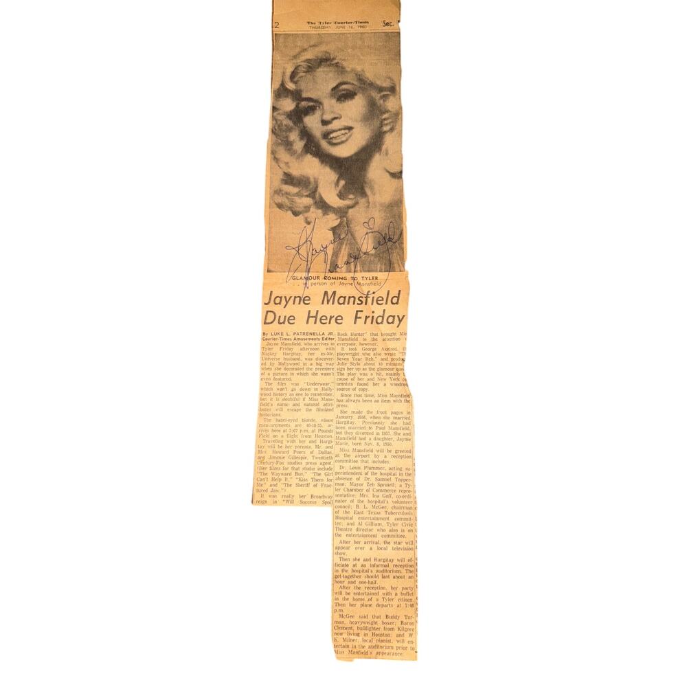 JAYNE MANSFIELD Autographed newspaper clipping